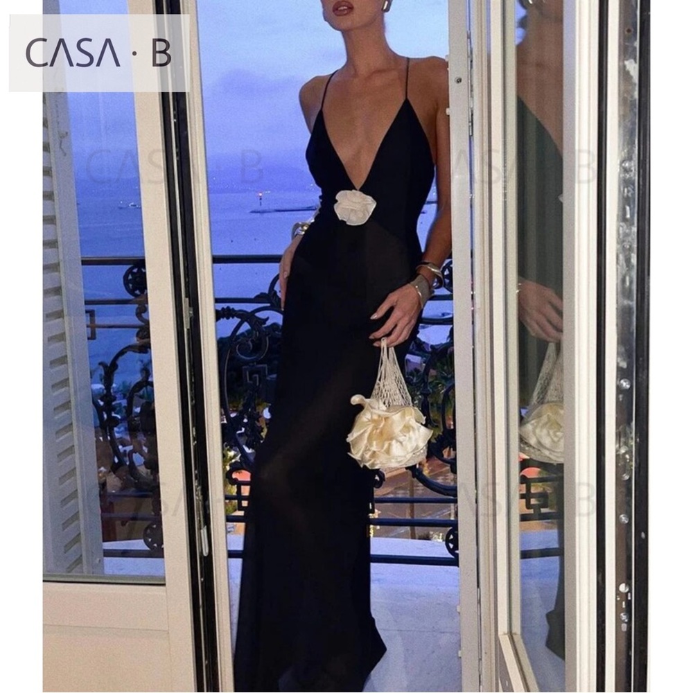 NEW to CASA B✨|Madeline Sheer Floral Appliqué Deep V Long Slip Sheath Maxi dress